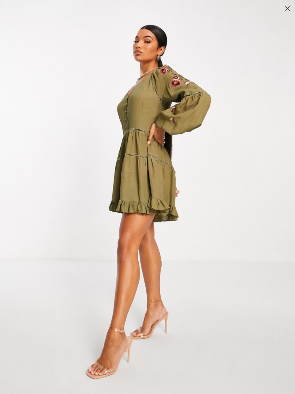 NWT ASOS DESIGN Lace Trim and Embroidered Long Sleeve Romper in khaki Size 14 - Picture 4 of 16